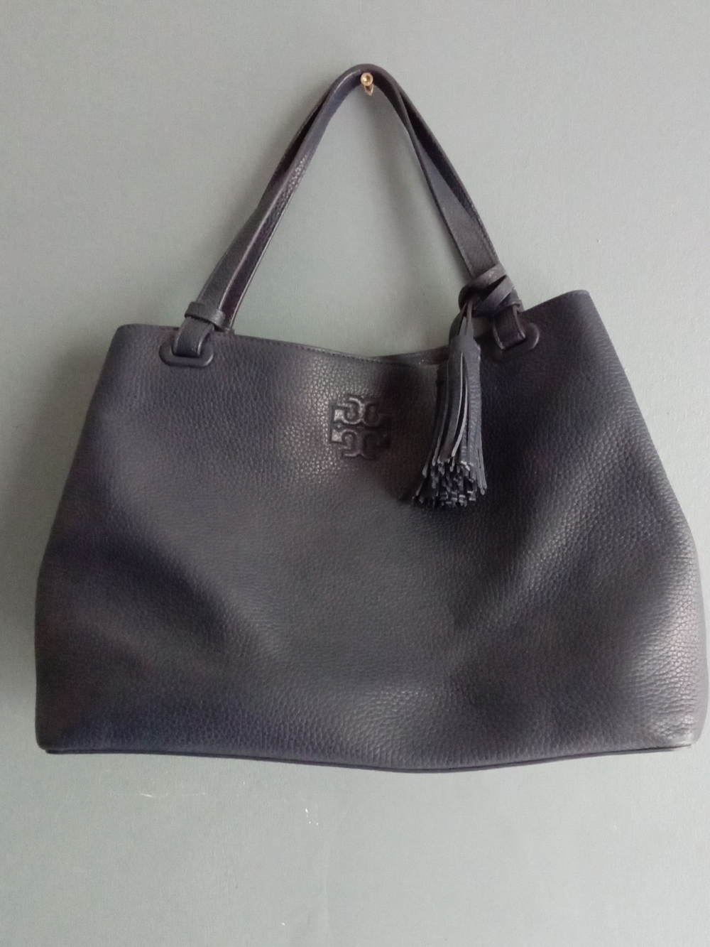 Tory Burch Thea Navy Blue Pebbled Leather Tassel Shoulder Bag Tote